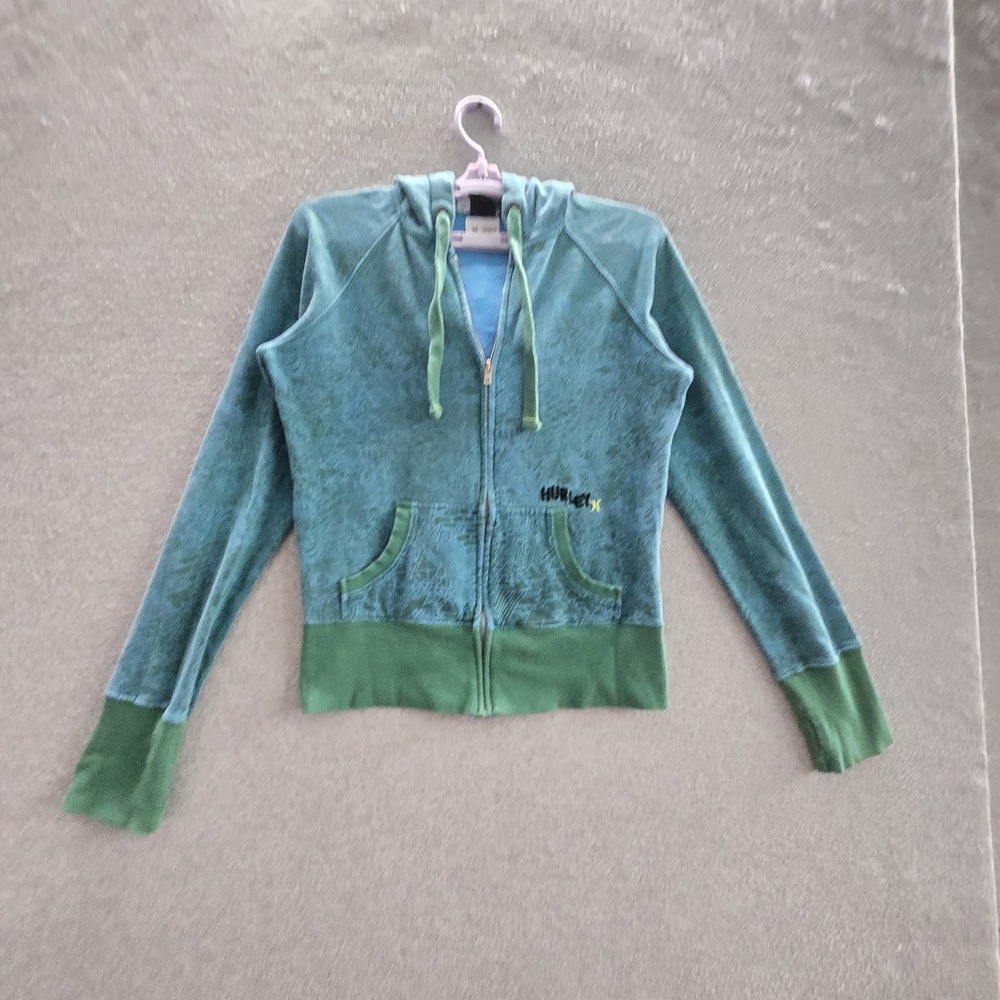 Hurley Women Hoodie S Green Geometric Y2K Cropped Logo Full Zip Drawstring